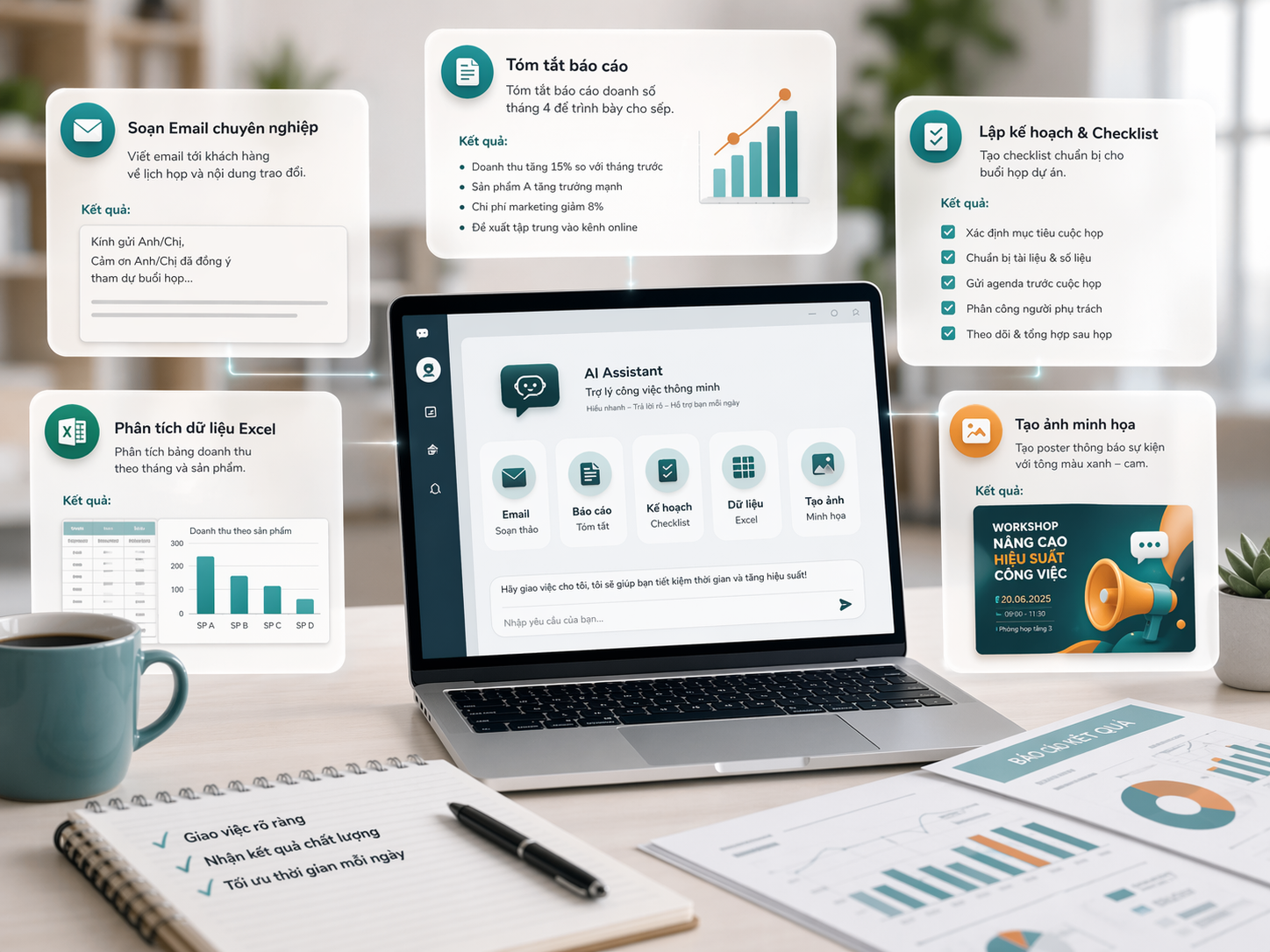 Khóa học ChatGPT cơ bản dành cho dân văn phòng minh họa các tác vụ email, báo cáo, checklist và Excel